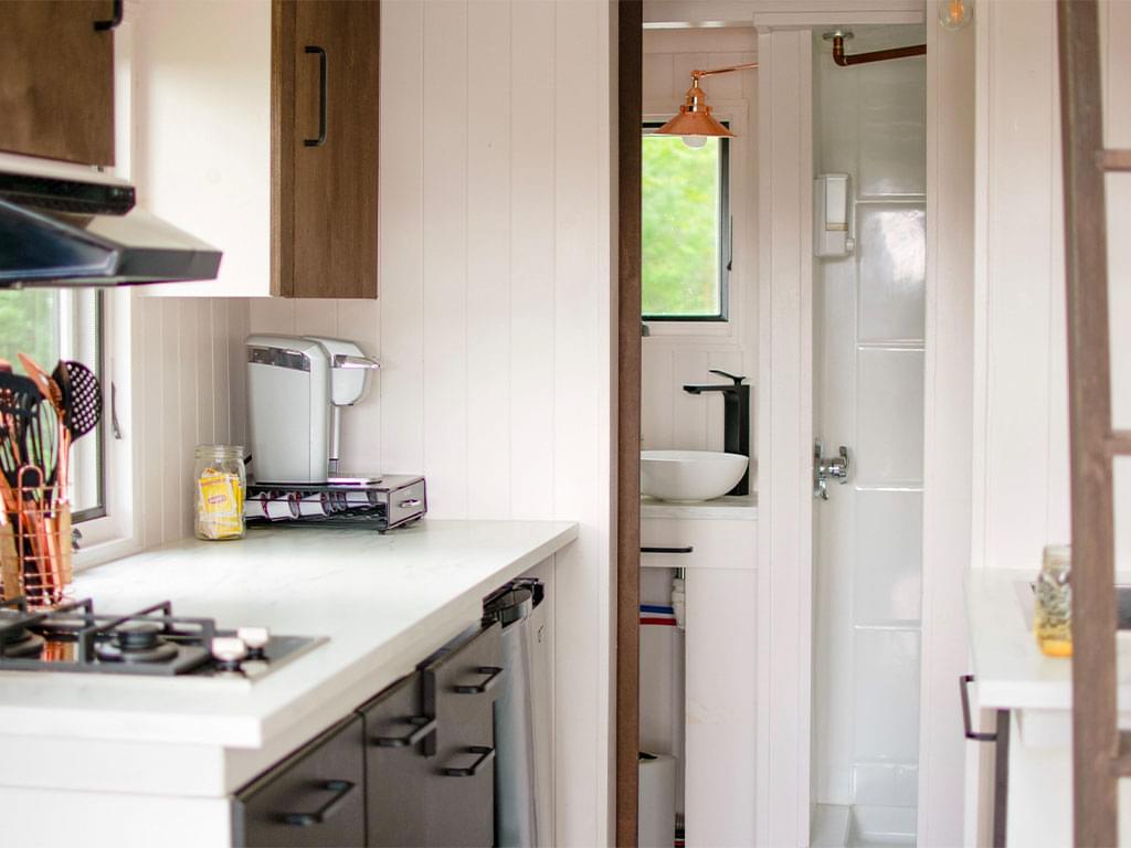 The kitchen and bathroom of an accessory dwelling unit